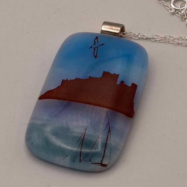 Bamburgh Castle on Blue. Fused Glass Pendant with Sterling Silver Findings