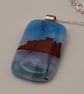 Bamburgh Castle on Blue. Fused Glass Pendant with Sterling Silver Findings