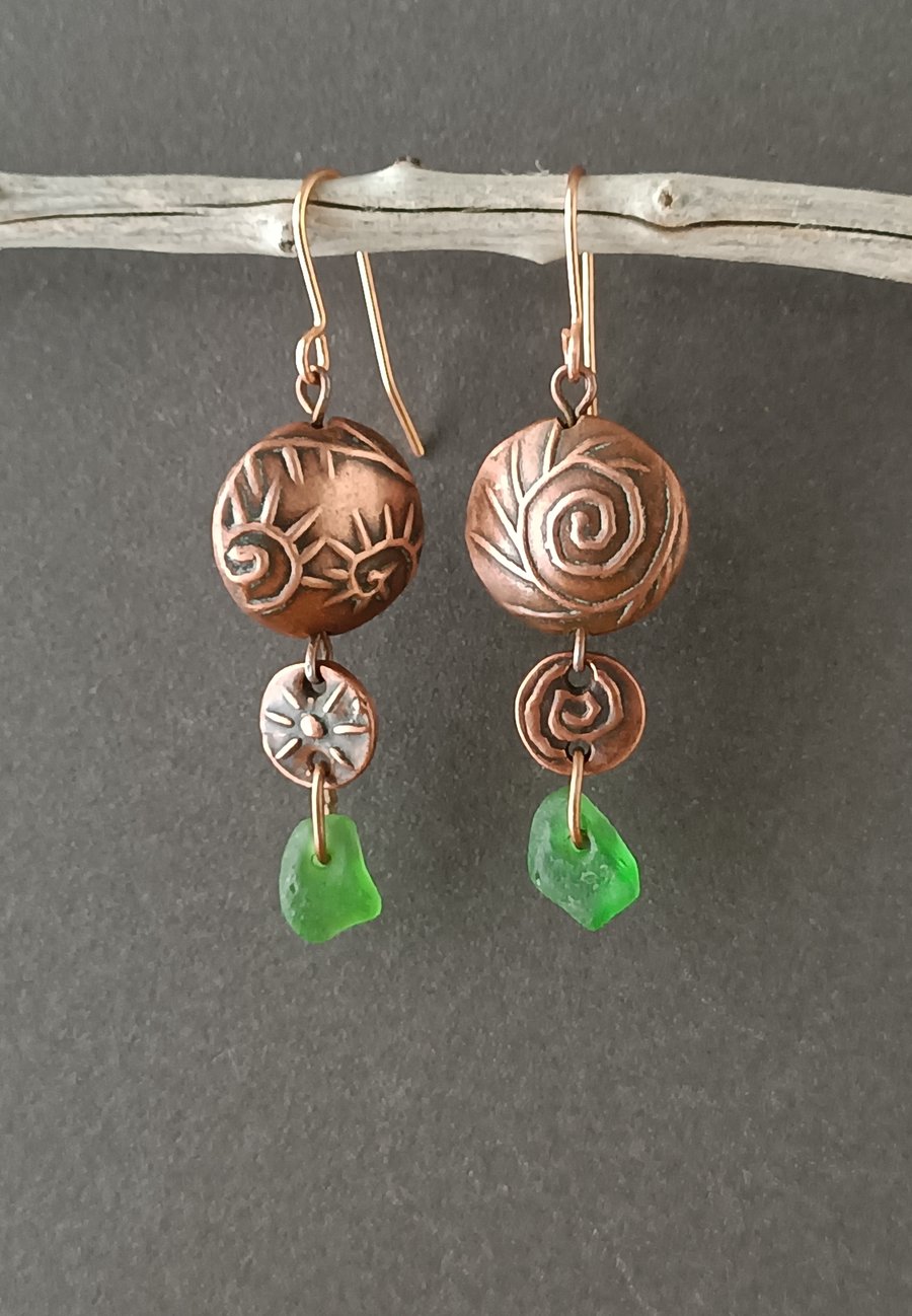 Copper and seaglass dangly earrings - colour options, unique, recycled materials