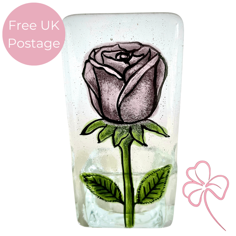 Fused Glass Painted Rose Candle Holder – Unique Handmade Floral Home Décor Gift
