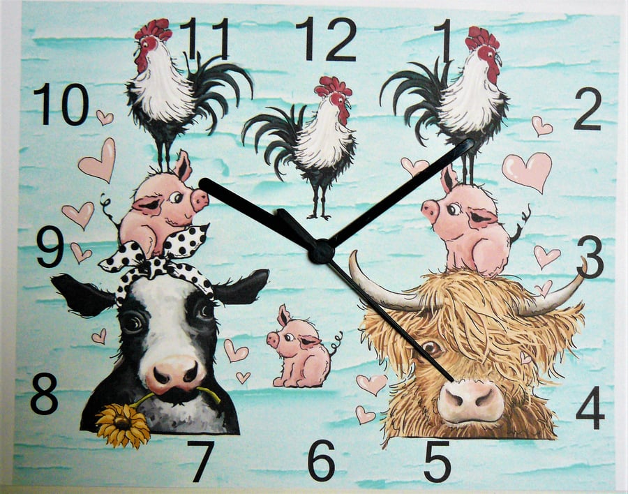 farm animals wall hanging clock smallholding farmyard stock cow cockerel piglet 