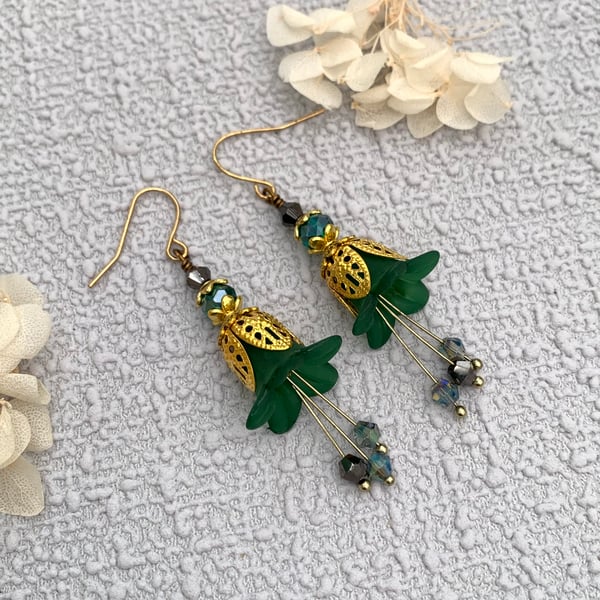 Green Lucite and Gold Flower Drop Earrings