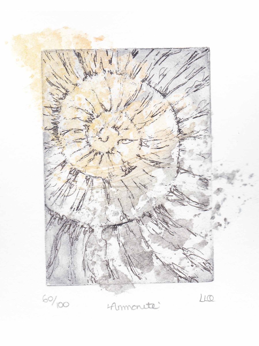 Etching no.60 of an ammonite fossil with chine colle in an edition of 100