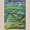 Original Painting of a Boat and a Gull in Rough Seas (10x8 inches)