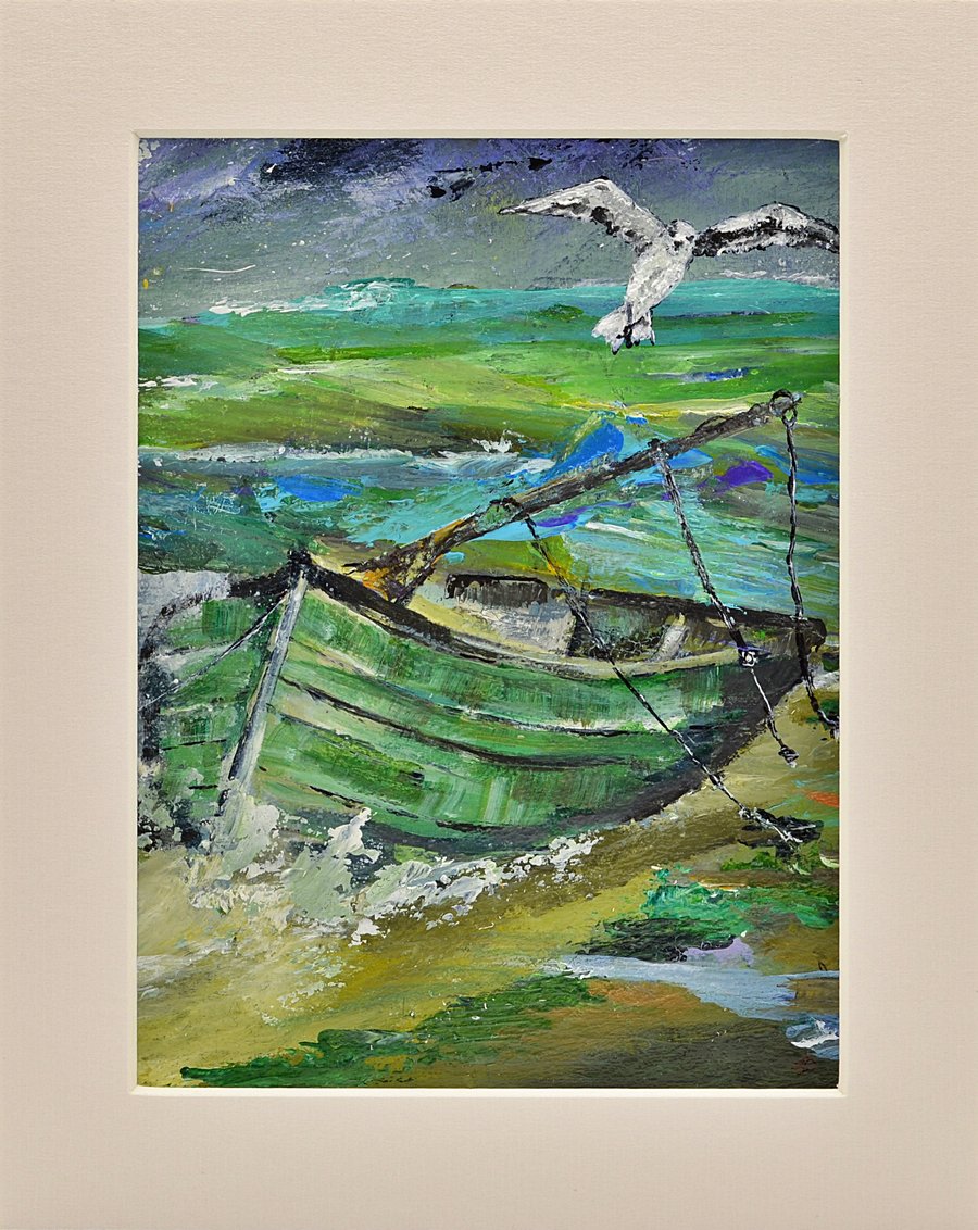 Original Painting of a Boat and a Gull in Rough Seas (10x8 inches)