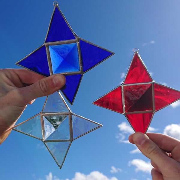Stained glass four point star hanging copperfoil suncatcher