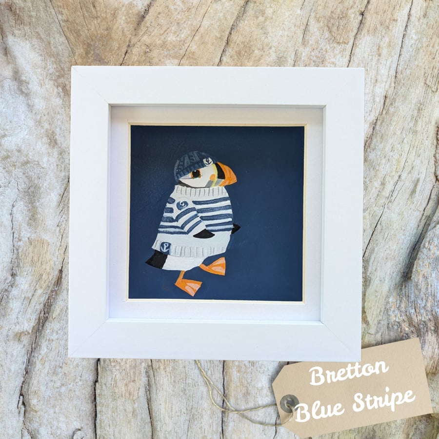 Puffin painting - original mini framed coastal seaside painting