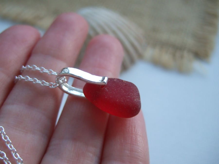 Seaham sea glass large red pendant, beach found glass necklace, sterling