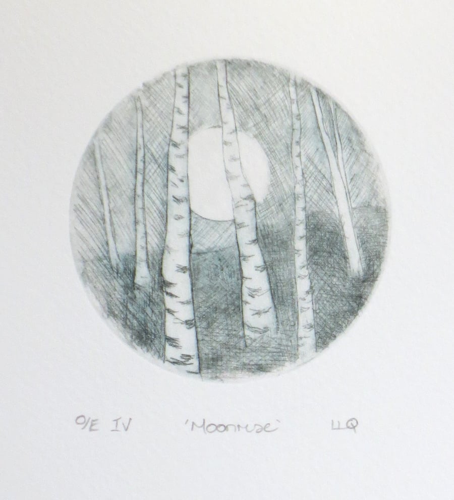 Moon rising through the birch wood an original drypoint etching