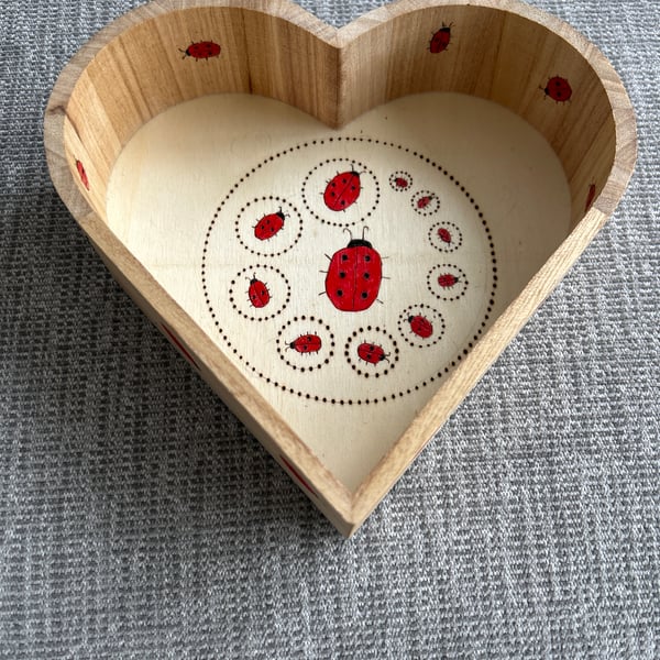 Heart shaped wooden ornament, ladybird design.
