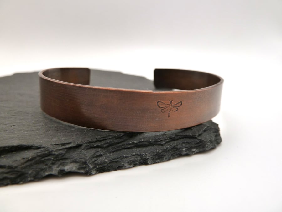 copper hand stamped dragonfly cuff bracelet 