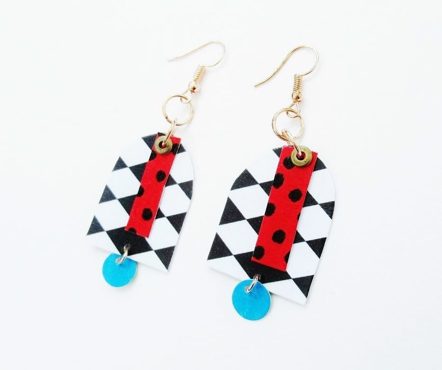 Harlequin Earrings Red White Black Outrageous Colourful Lightweight Funky OOAK