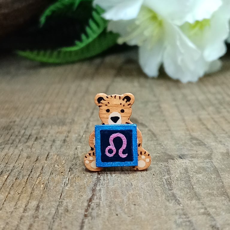 Leo Bear Pin, Handmade Tiny Star Sign Wooden Teddy Badge