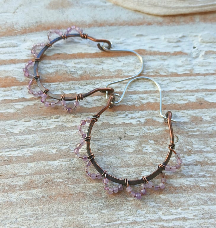 Handmade Copper Hoops with Amethyst Beads