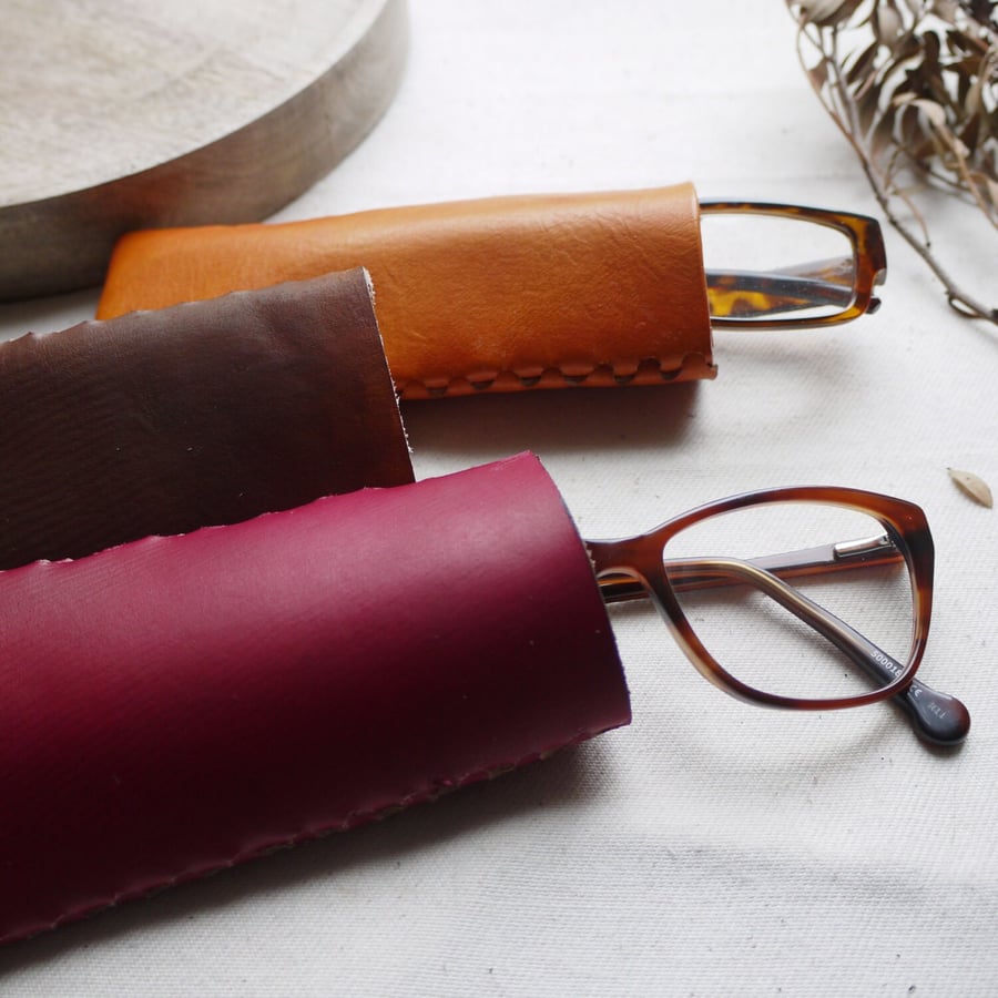 Personalised Leather Glasses Case. Soft Slim Glasses Case, Slimline pouch