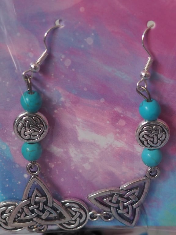 Turquoise Beaded Dangle Earrings with Celtic Triangles and Circular Charms