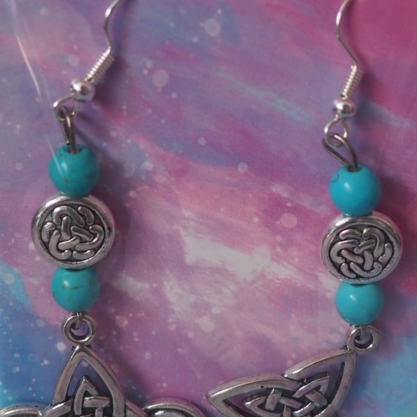 Turquoise Beaded Dangle Earrings with Celtic Triangles and Circular Charms