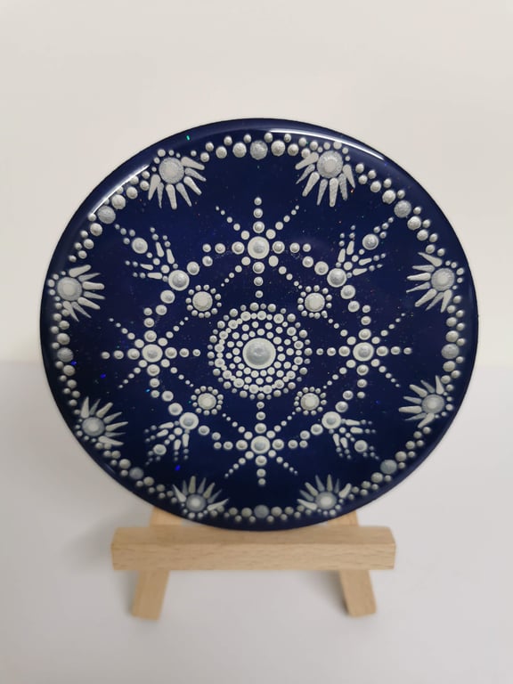 Hand painted blue and silver mandala coaster