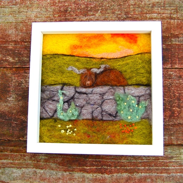 Needle felted and hand embroidered wool picture - Highland Cow