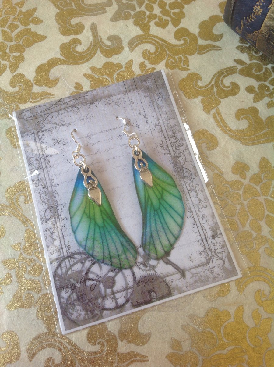 Blue and Green Goddess Fairy Wing Sterling Silver Earrings