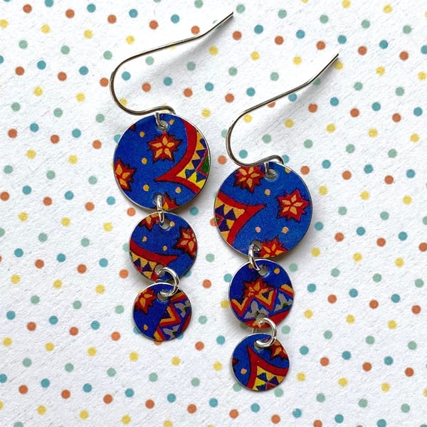 Recycled vintage tin blue, red & yellow patterned triple circle drop earrings