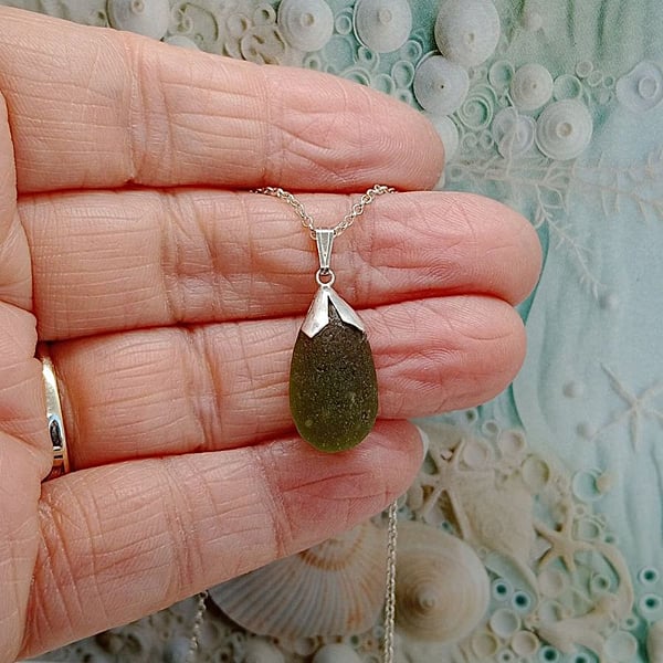 Olive green sea glass necklace sterling silver 