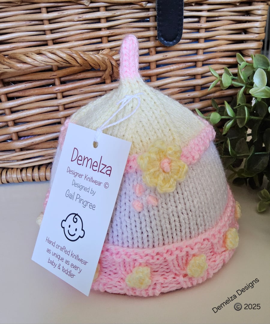 Designer Hand Knitted Baby Girl's  Hat Newborn 