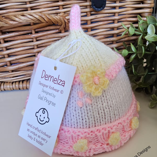 Designer Hand Knitted Baby Girl's  Hat Newborn 