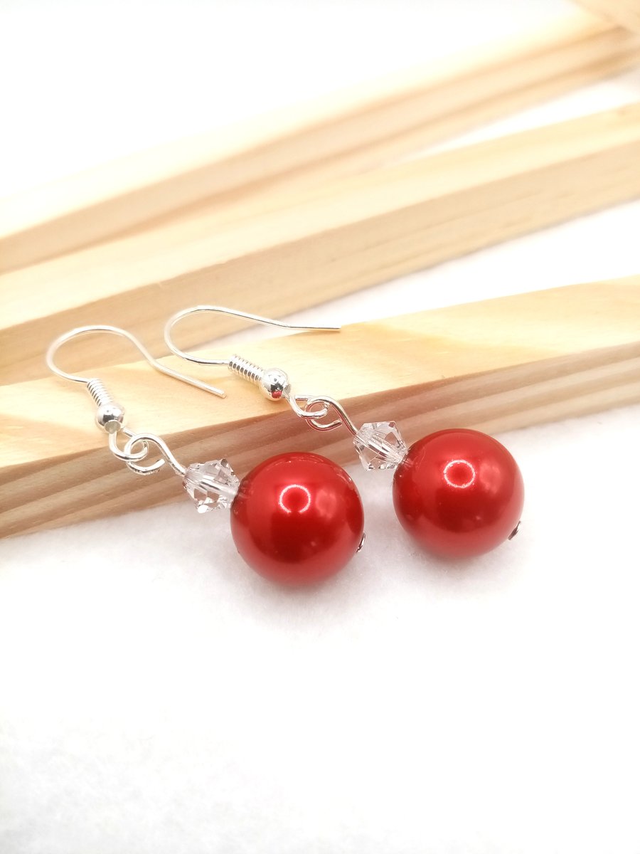 Preciosa Crystal Pearl Earrings-Red Pearl Drop Earrings 