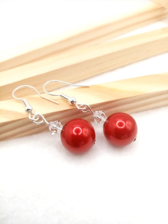 Preciosa Crystal Pearl Earrings-Red Pearl Drop Earrings 