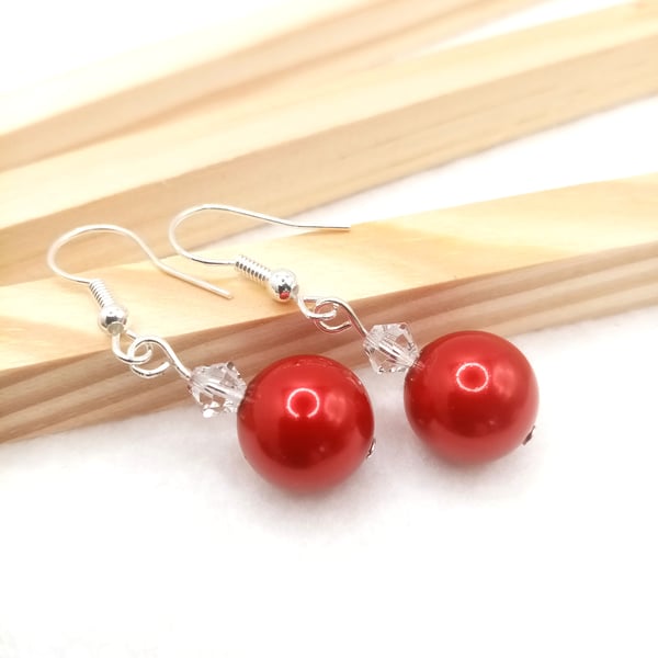 Preciosa Crystal Pearl Earrings-Red Pearl Drop Earrings 