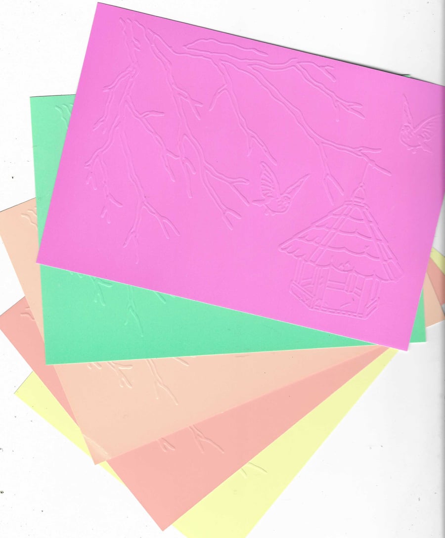 Embossed Card & Paper. 10 Sheets. 5"x7". Assorted Colours. Birdhouse (12)