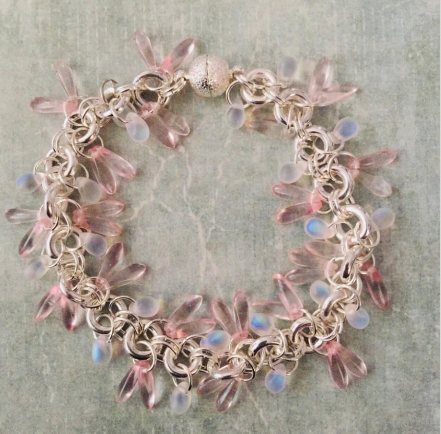 Pink Czech glass beaded bracelet 
