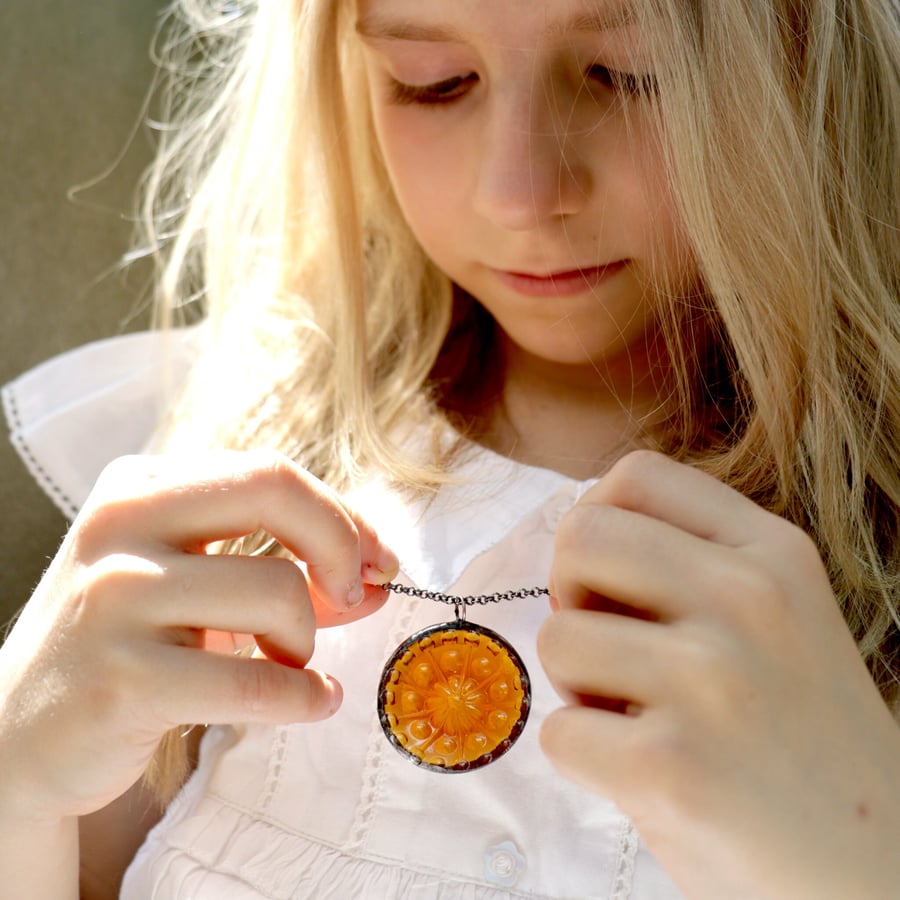 Orange glass necklace, art deco stained glass statement necklace.