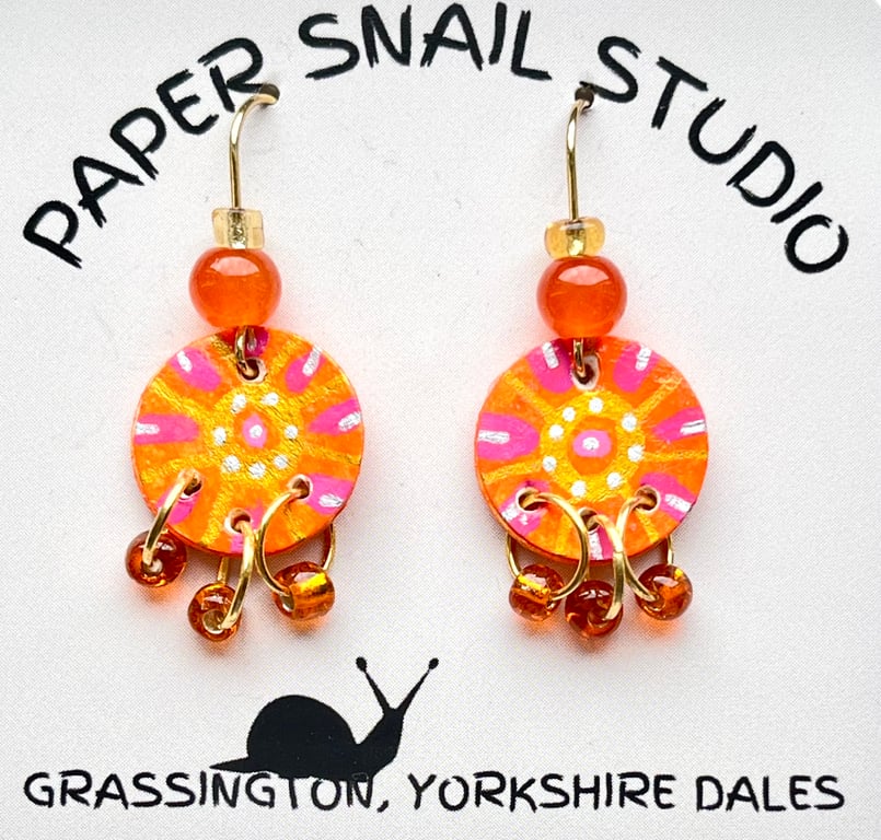 Circular, 15mm in diameter, Hand-painted Paper Earrings with Attached Beads