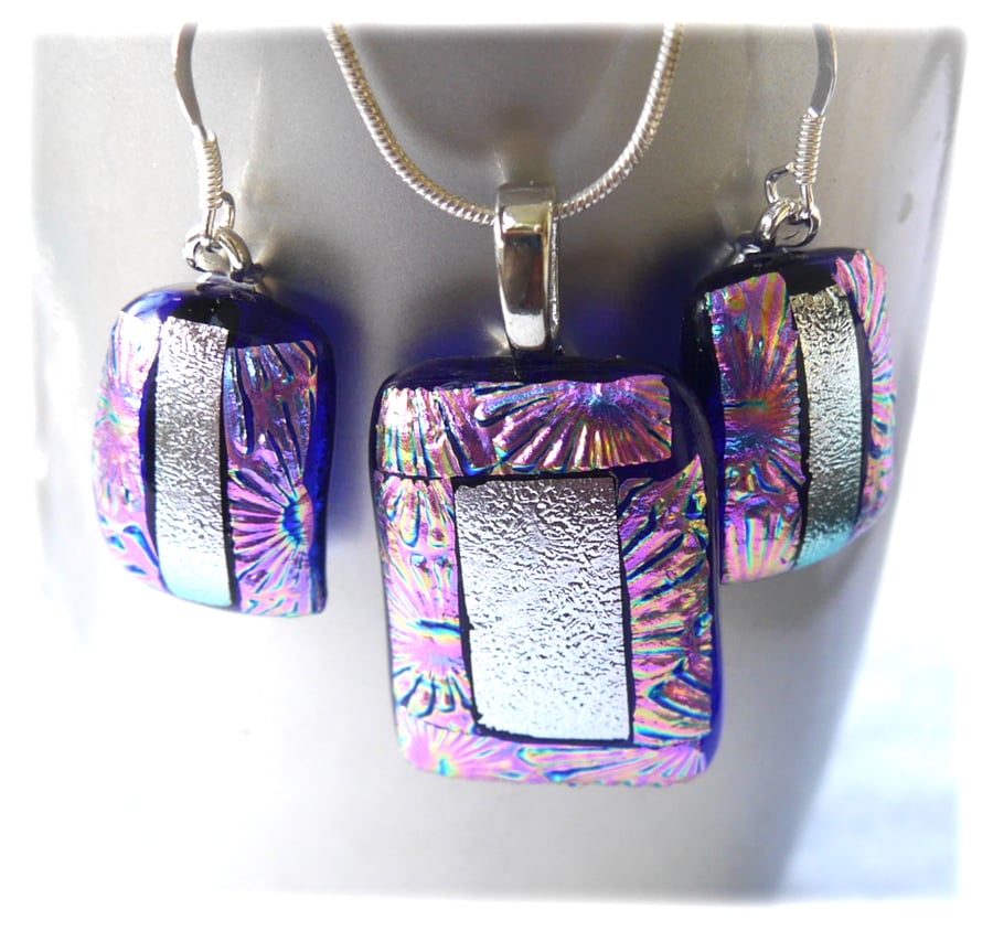 SOLD Dichroic Glass Pendant Earring Set 090 Blue Lilac with Silver Plated Chain
