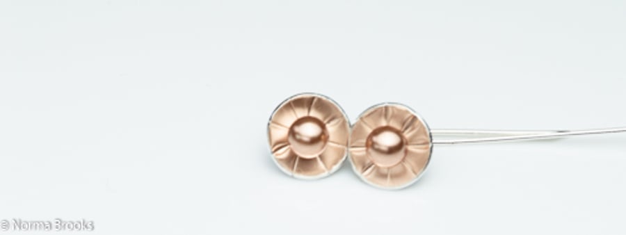 STERLING SILVER EARRING  - Textured Pearl Cup with Swarovski Glass Pearl