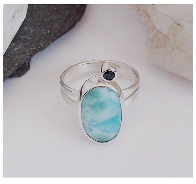 Blue Sapphire and Larimar Ring , Ring Size O , Ladies Dress Ring , Boho Ring 
