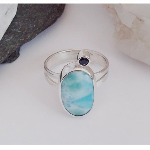 Blue Sapphire and Larimar Ring , Ring Size O , Ladies Dress Ring , Boho Ring 