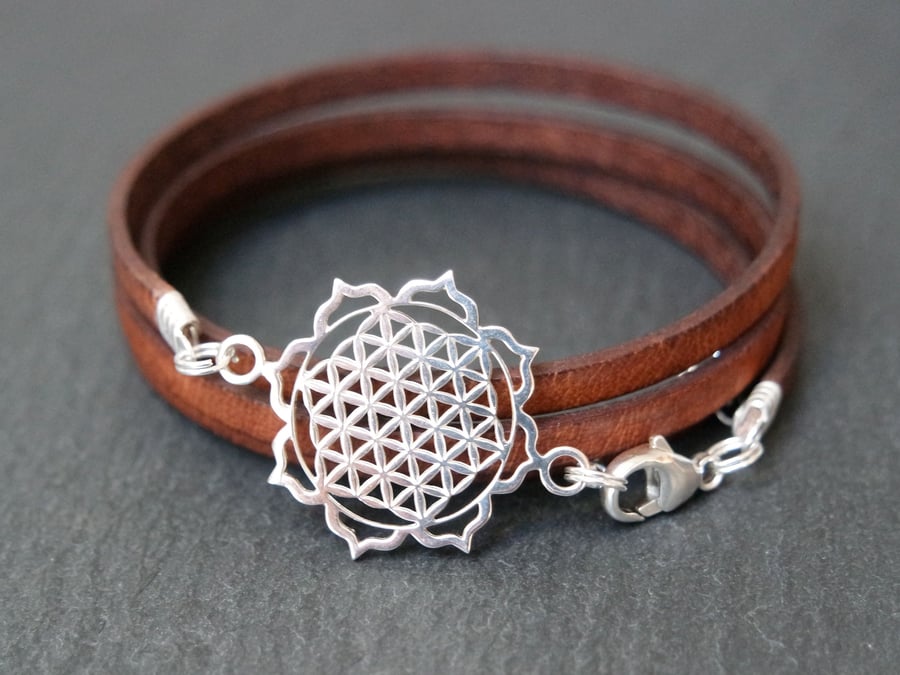 Sterling Silver Flower of Life Mandala Leather Wrap Bracelet
