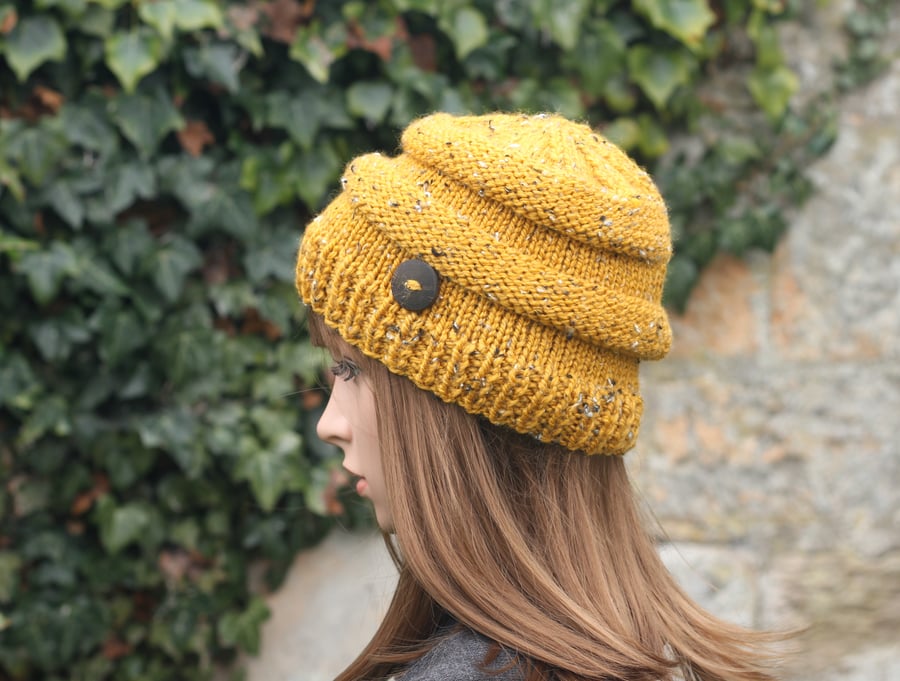 HAT knitted mustard tweed, winter autumn hat, women's chunky beanie cap, gift, U