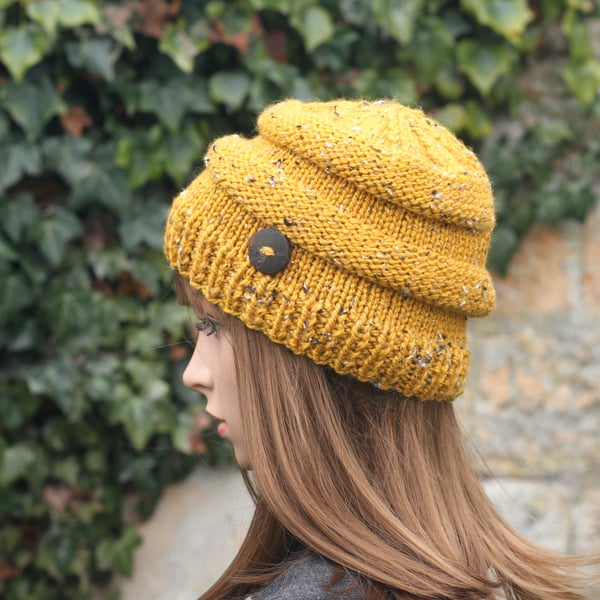 HAT knitted mustard tweed, winter autumn hat, women's chunky beanie cap, gift, U