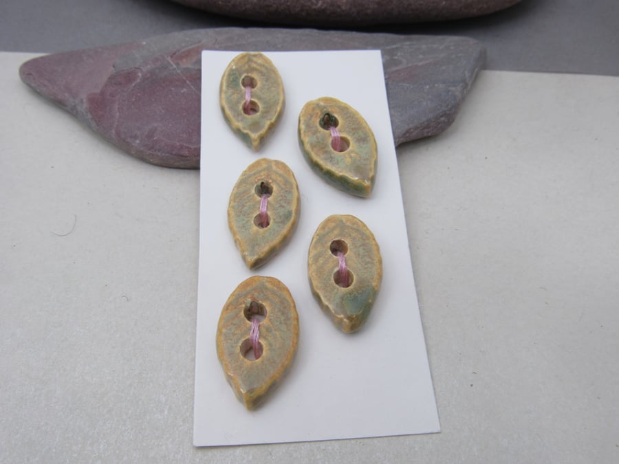 5 Small Leaf Shaped Old Gold Ceramic Buttons