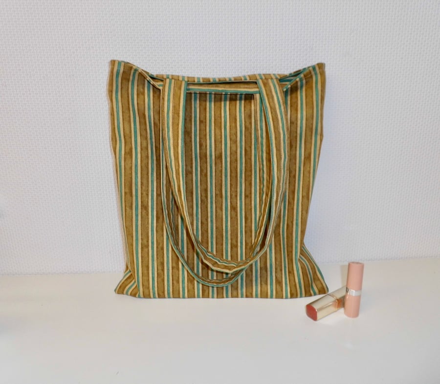 Tote bag in mustard and turquoise blue striped fabric shoulder bag