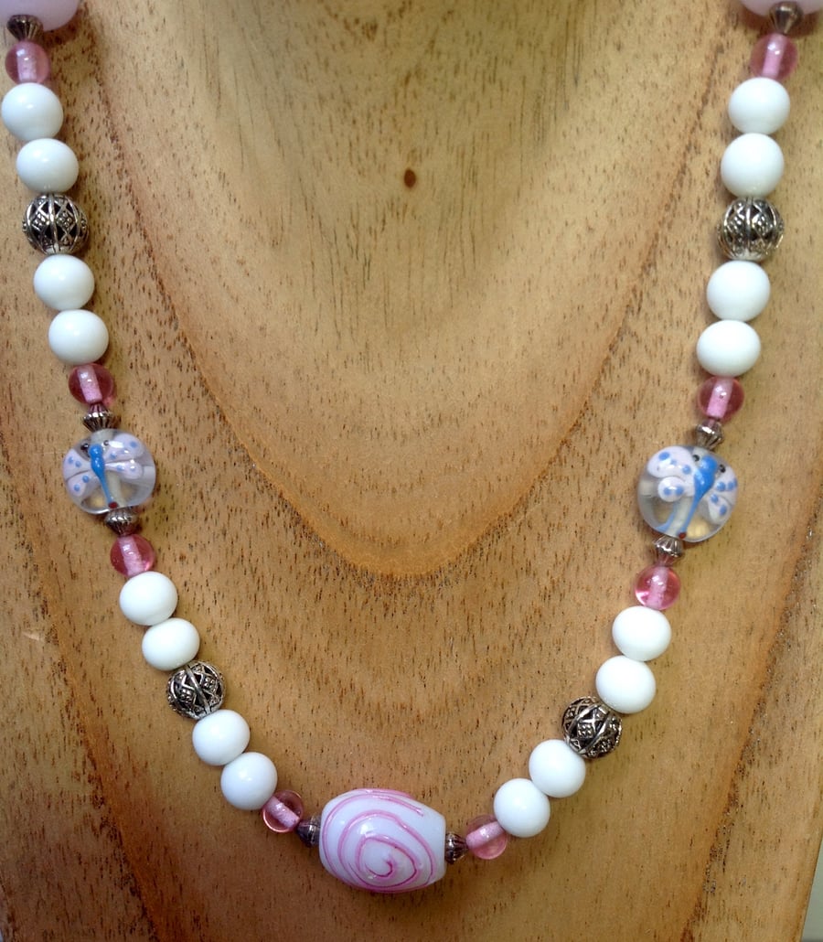 Necklace with pink Murano glass vintage beads, butterflies and heart beads