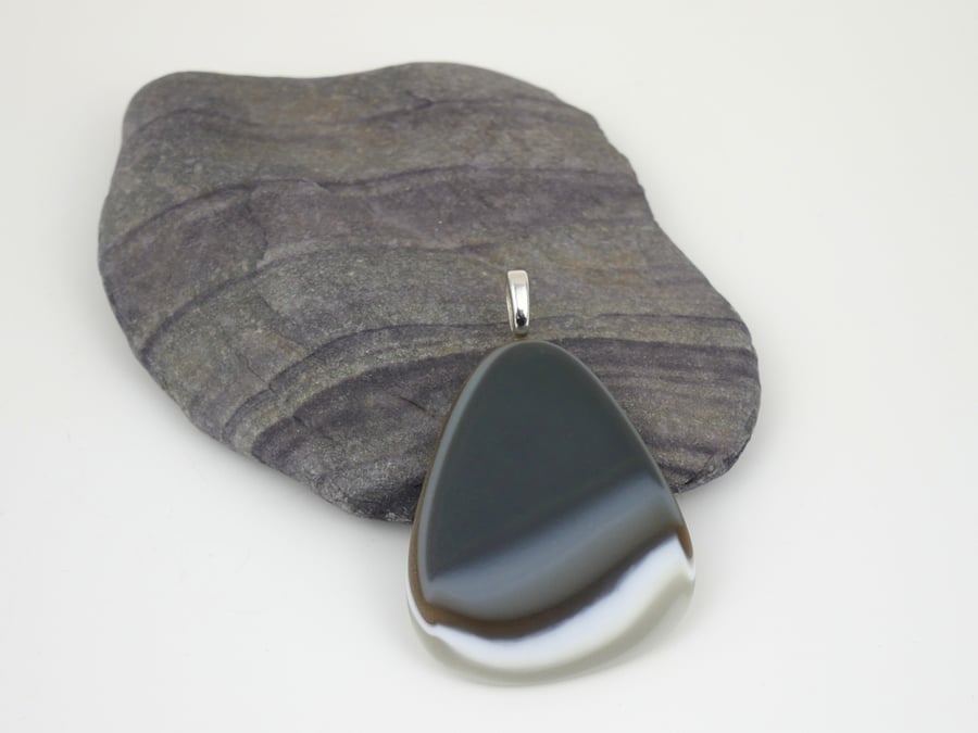 RESERVED Grey Pebble Pendant, statement fused glass pendant