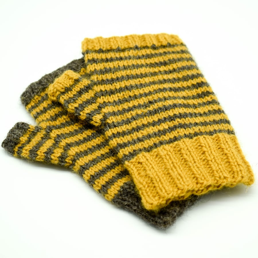 Hand Knitted fingerless mittens - Medium - Yellow and brown stripes