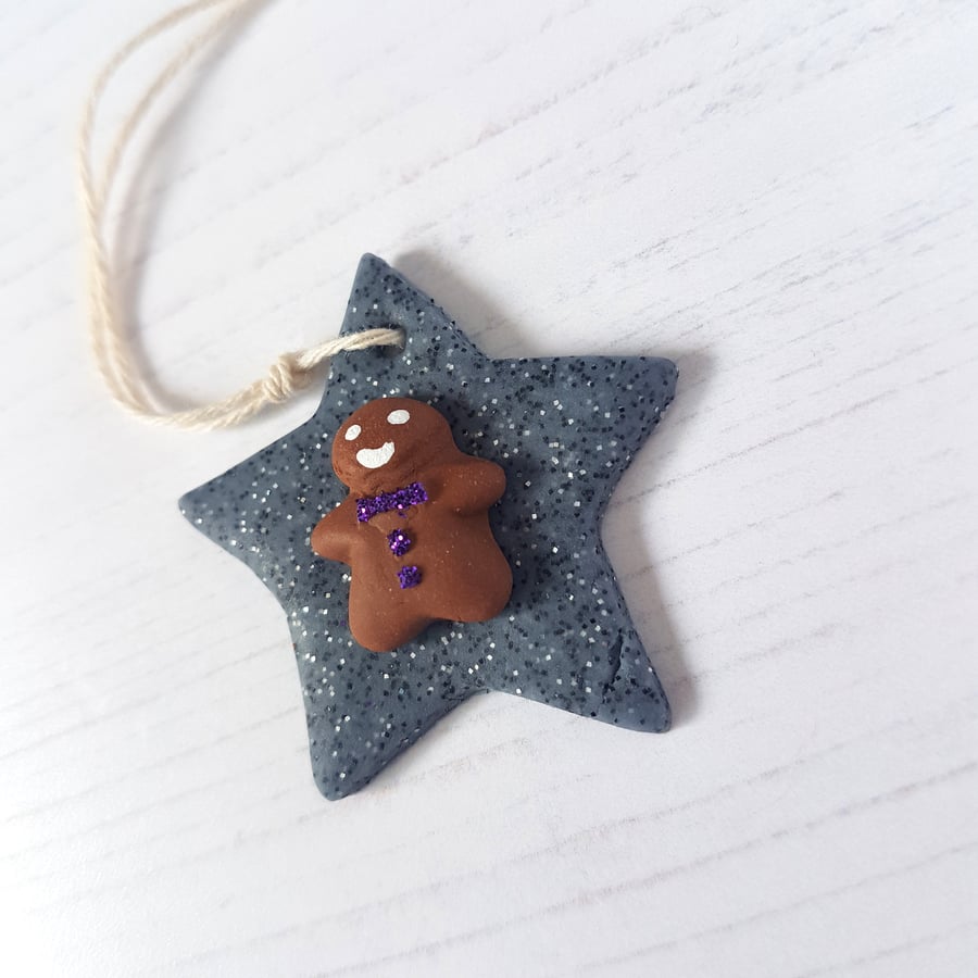 Tiny gingerbread man grey sparkle star Hanging decoration OR magnet OR brooch