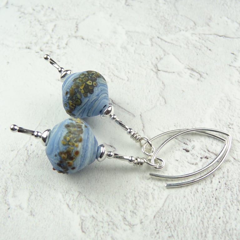 Pale blue lampwork glass drop earrings, sterling silver, gift box