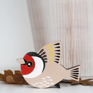 Gold finch wall or shelf decoration, miniature flying bird, British birds art.